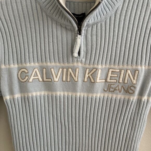 Y2K Calvin Klein 2000s Ribbed Quarter Zip Knit Logo Knit Sweater, Baby Blue- M - Picture 5 of 10